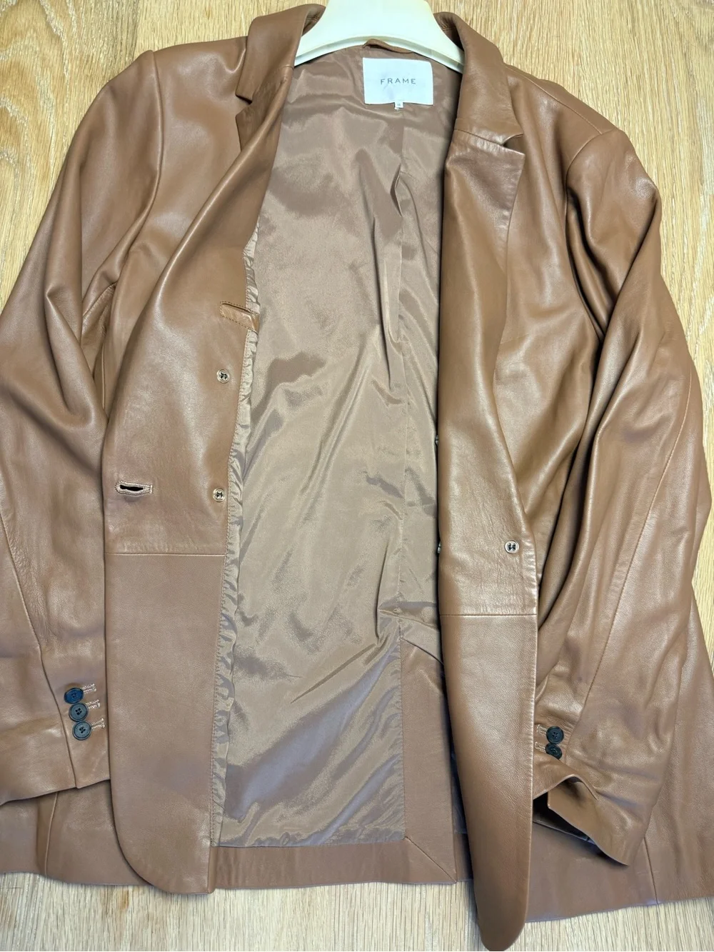 Frame Denim Tan Leather Double-Breasted Blazer Jacket